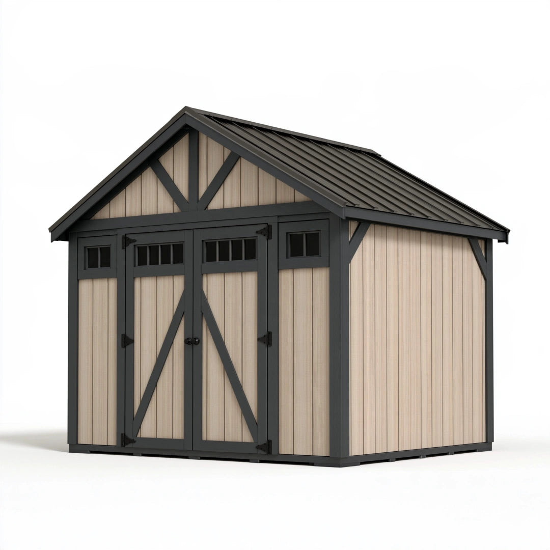 Abri de jardin 210 x 150 x 210 cm en résine beige et anthracite avec portes doubles