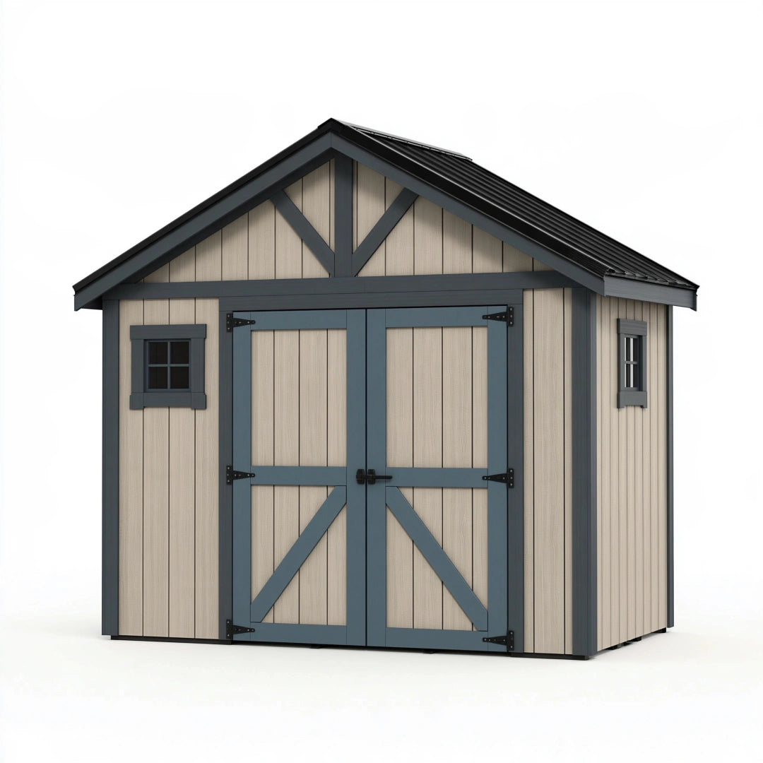 Abri de jardin 240 x 180 x 220 cm panneaux aspect bois beige et gris anthracite avec double porte style grange