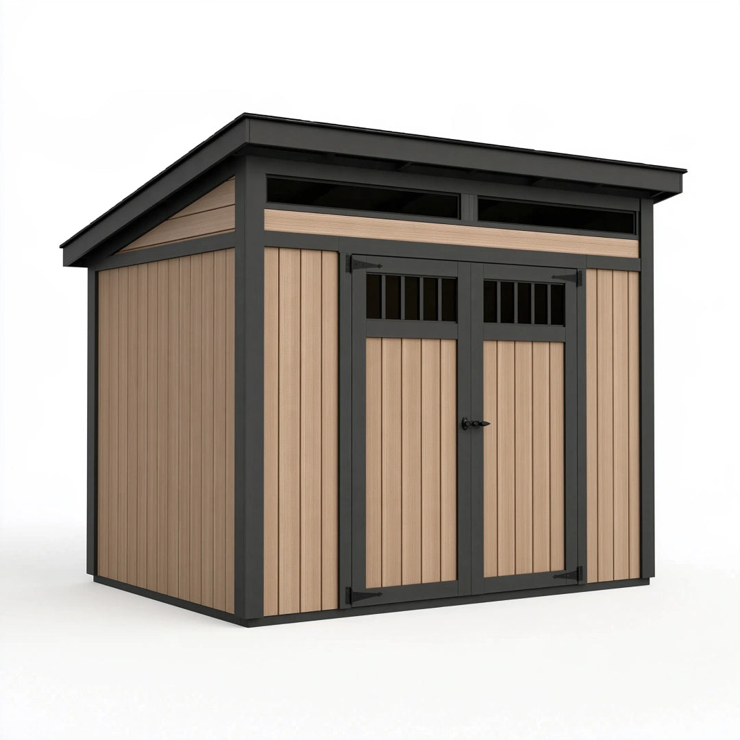 Abri de jardin 200 x 150 x 200 cm aspect bois beige et noir avec double porte