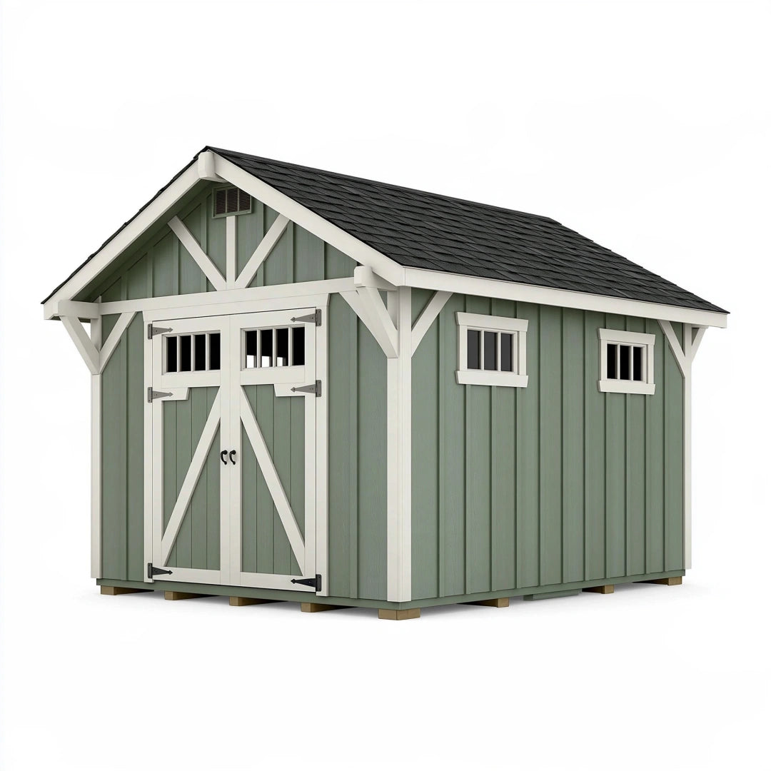 Abri de jardin 300 x 240 x 250 cm en bois vert sauge style grange à double porte