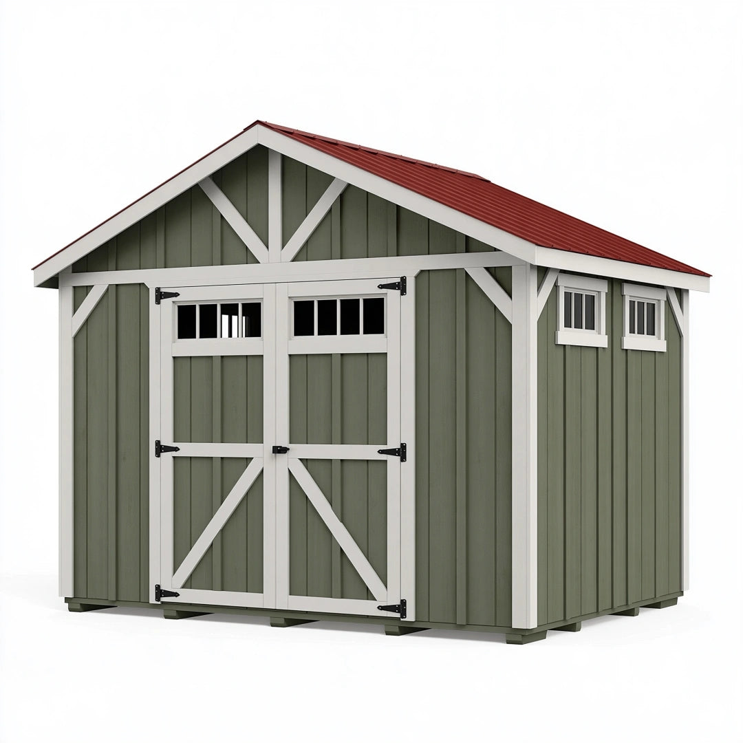 Abri de jardin 240 x 180 x 220 cm en bois vert blanc et rouge à double porte style chalet