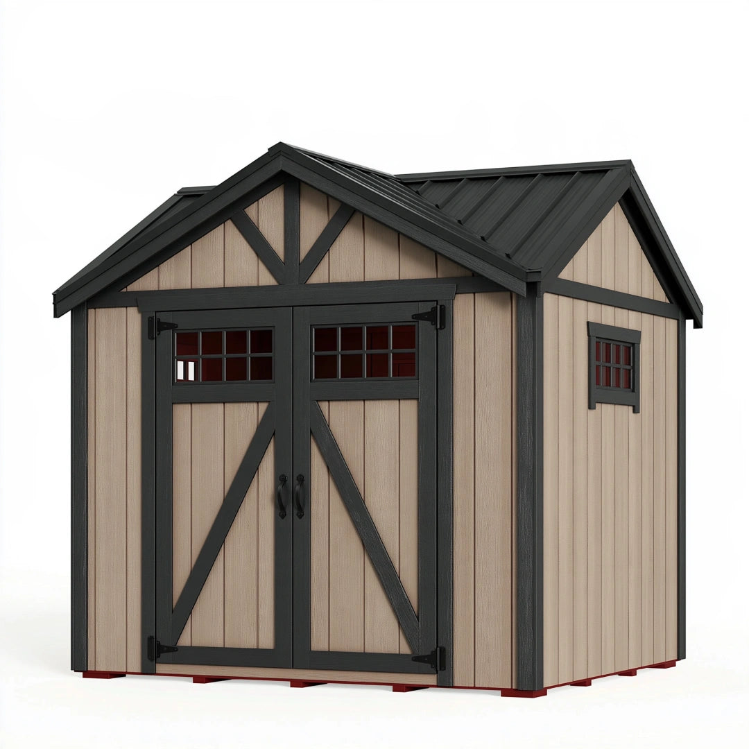 Abri de jardin 213 x 166 x 206 cm en résine beige et noir style grange