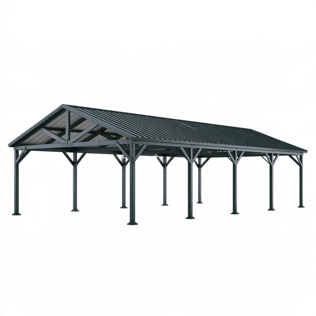 Abri voiture 600 x 300 x 280 cm en acier gris anthracite avec toit à deux pentes