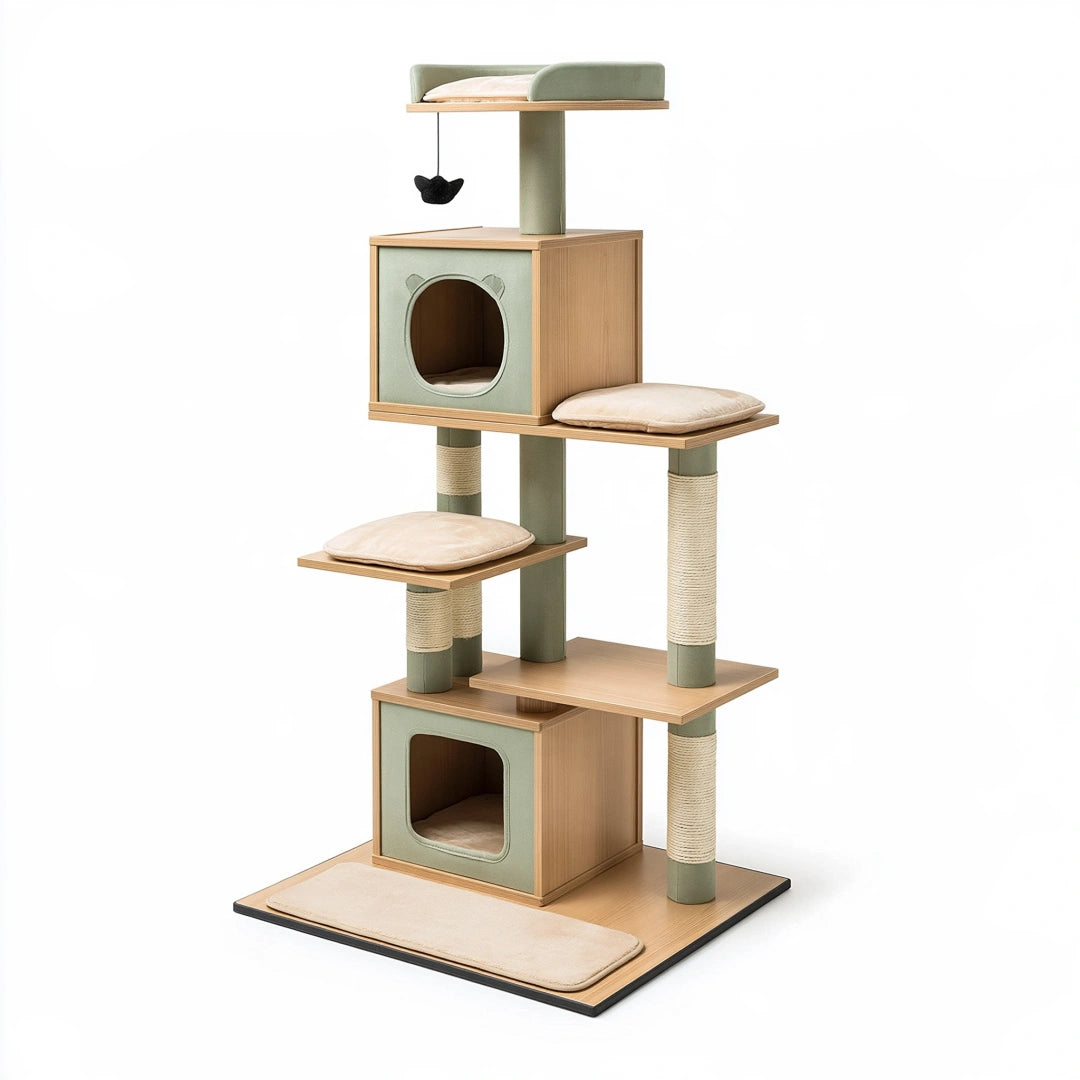Arbre à chat 80 x 60 x 170 cm en bois et sisal vert avec niches et plateformes
