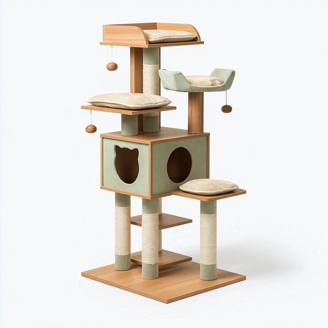 Arbre à chat 60 x 60 x 150 cm en bois beige et vert avec griffoirs et niches