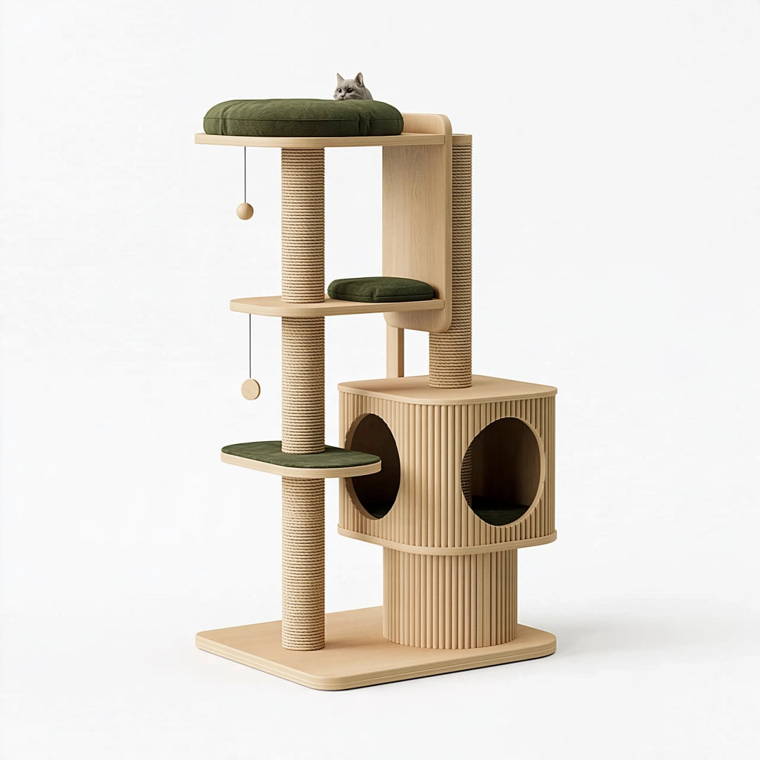 Arbre à chat 70 x 50 x 160 cm en bois beige et sisal avec coussins verts style moderne