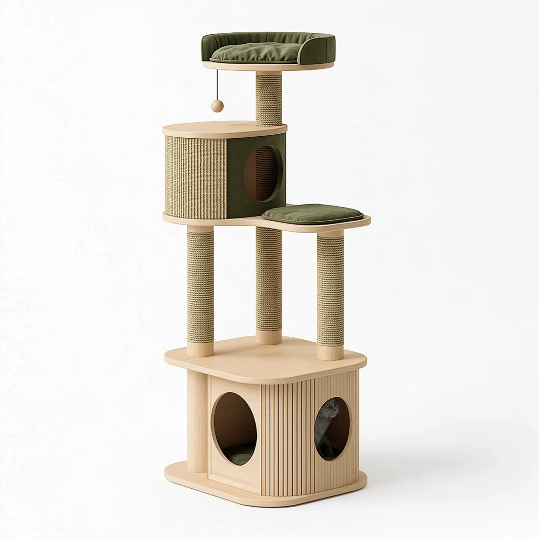 Arbre à chat 60 x 50 x 180 cm en bois beige et vert avec griffoirs en sisal et niches