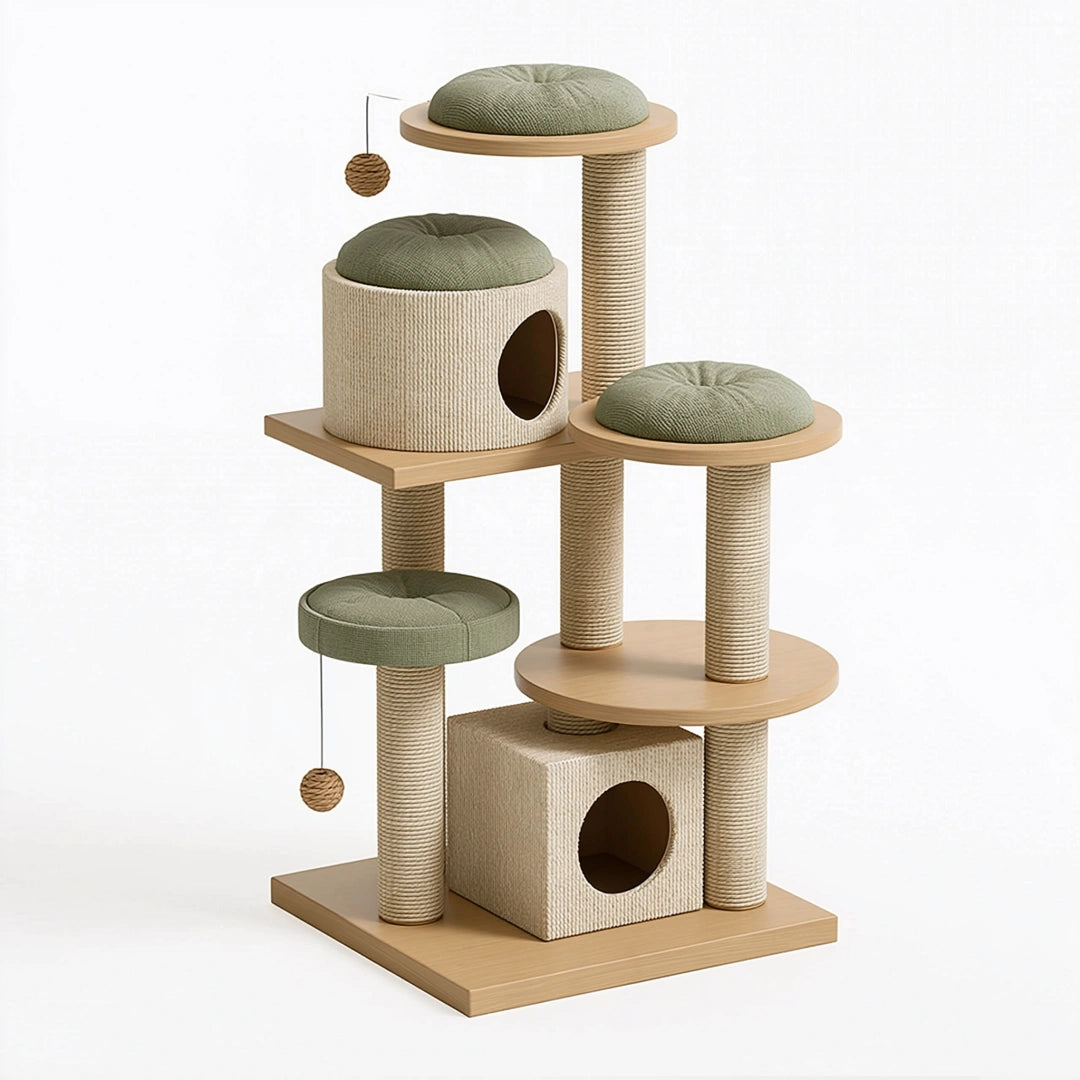 Arbre à chat 60 x 60 x 150 cm en bois sisal beige et vert avec niches plateformes et griffoirs