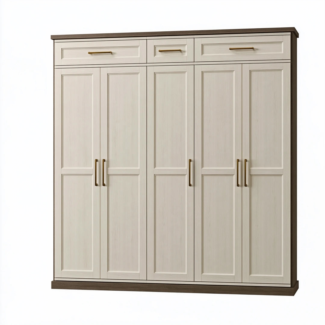 Armoire de rangement 240 x 60 x 220 cm en panneaux de bois blanc et marron style classique à 5 portes