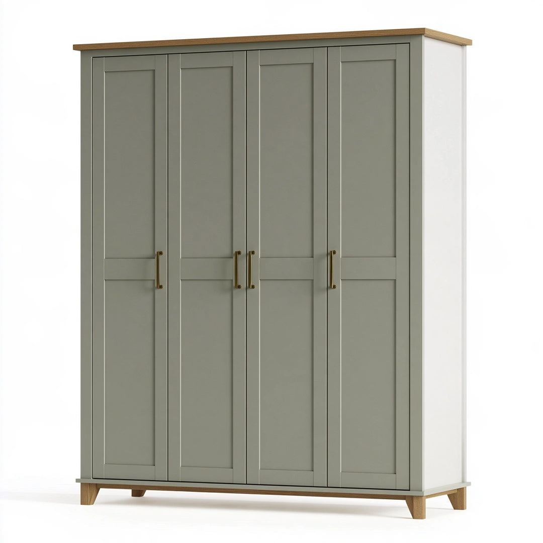 Armoire de rangement 200 x 60 x 220 cm en panneaux de bois vert gris et décor chêne à 4 portes style contemporain