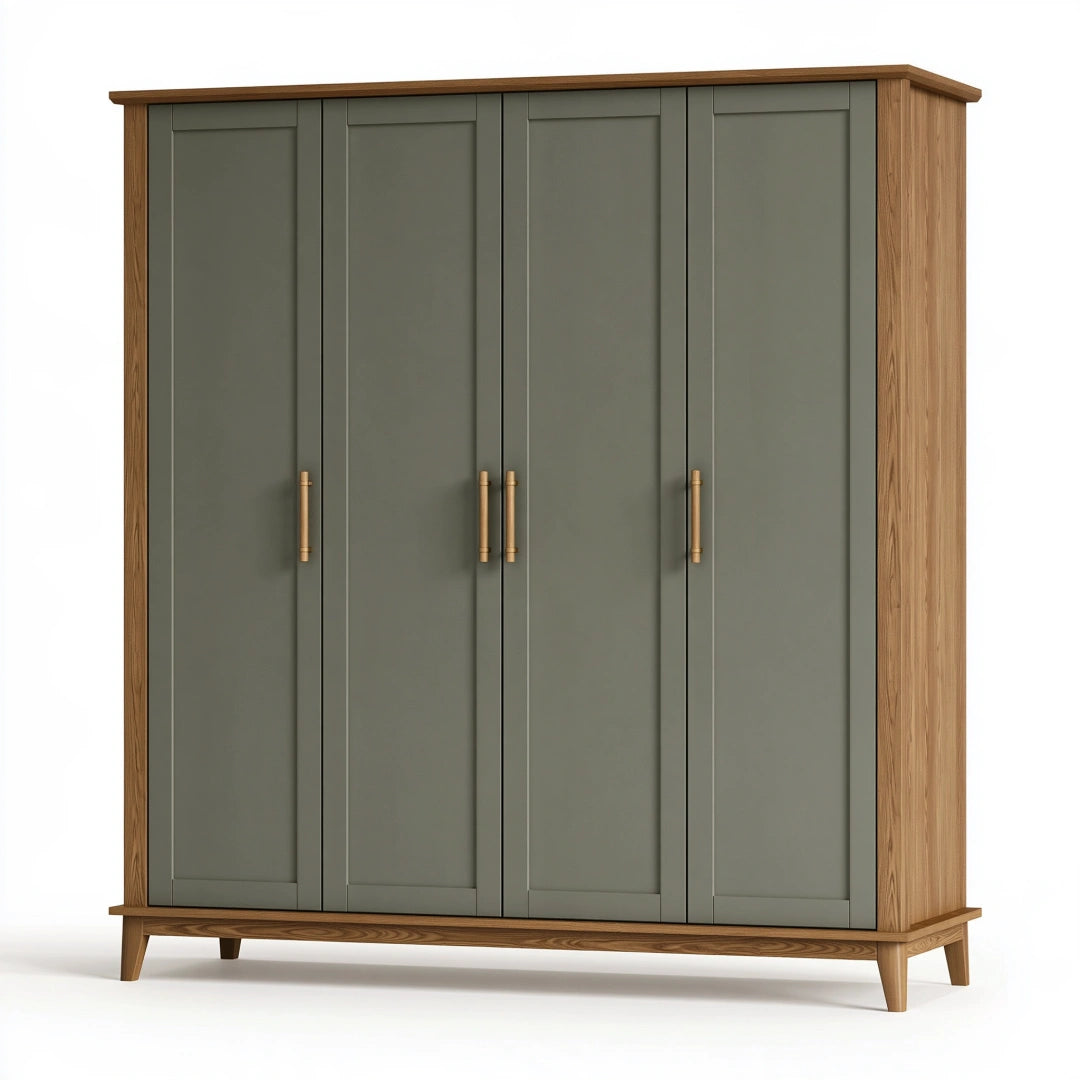 Armoire 4 portes 200 x 60 x 200 cm en bois vert olive et naturel - rangement style contemporain