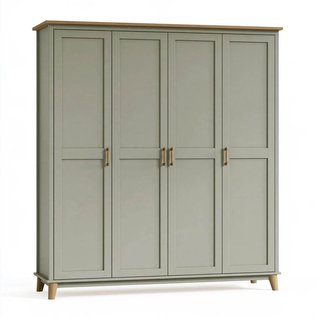 Armoire 200 x 60 x 200 cm en panneaux de bois vert sauge 4 portes style campagne