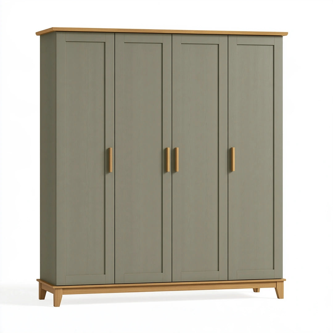 Armoire 4 portes 180 x 55 x 200 cm en panneaux vert olive et bois style classique