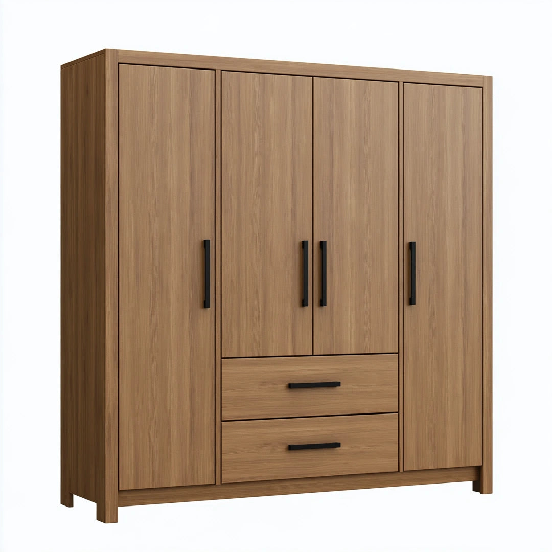 Armoire de rangement 160 x 52 x 200 cm décor bois marron à 4 portes et 2 tiroirs style contemporain